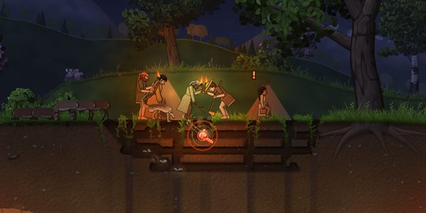 Villagers with torches and hoes fighting a worm by their fire at night