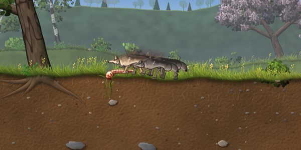 A wolf pack closing in on a small worm at the edge of a wood